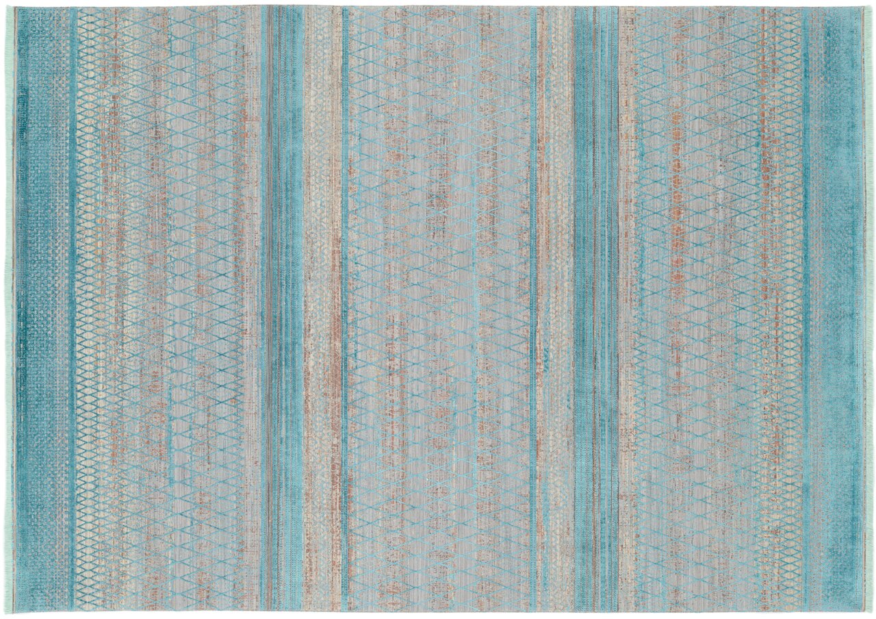 Designer Teppich mit geometrischem Muster in Blau- und Beigetönen, Draufsicht