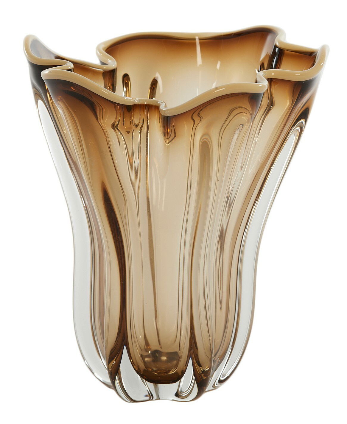 Light&Living Vase KAZUNO Braune Glasvase mit wellenförmigem Rand, aus der Vorderansicht fotografiert.