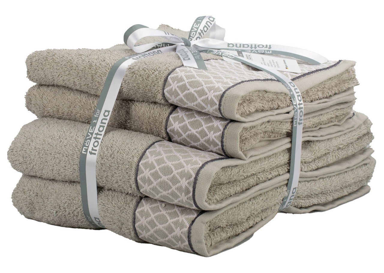 Handtuchset Oriental Ornaments in Beige, gestapelt und mit einer Schleife gebunden, seitliche Perspektive