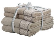 Handtuchset Oriental Ornaments in Beige, gestapelt und mit einer Schleife gebunden, seitliche Perspektive