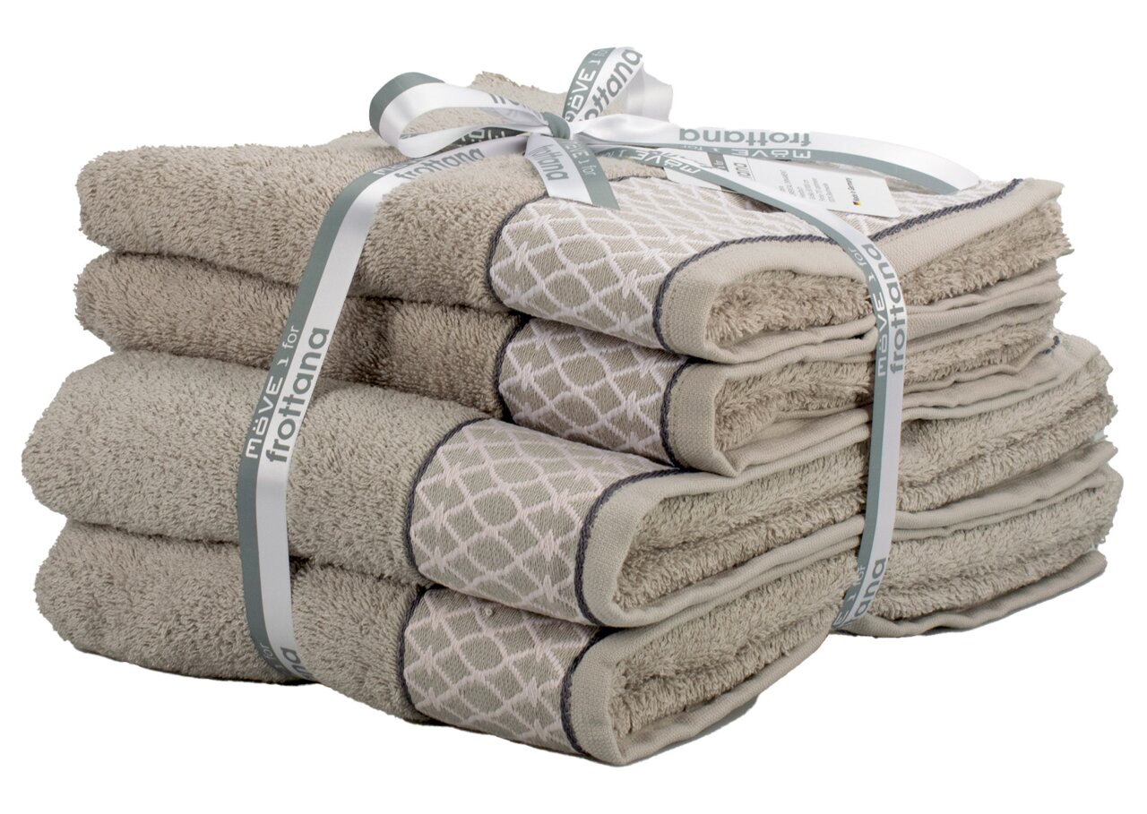 Frottana Handdoekenset Cashmere ORIENTAL ORNAMENTS Handdoekenset Oriental Ornaments in beige, opgestapeld en met een strik vastgebonden, zijaanzicht