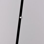Close-up van een zwarte staaf met een zilveren knop, onderdeel van een staande lamp op accu, zijaanzicht