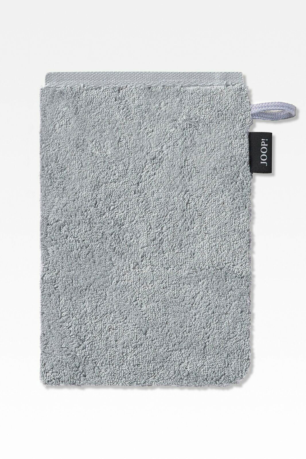 JOOP! Waschhandschuh DOUBLEFACE CLASSIC Grauer Waschhandschuh aus Frottee mit Aufhänger und Markenetikett, Vorderansicht