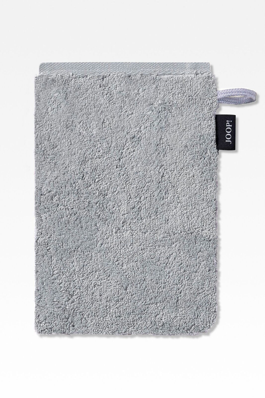 JOOP! Waschhandschuh DOUBLEFACE CLASSIC Grauer Waschhandschuh aus Frottee mit Aufhänger und Markenetikett, Vorderansicht