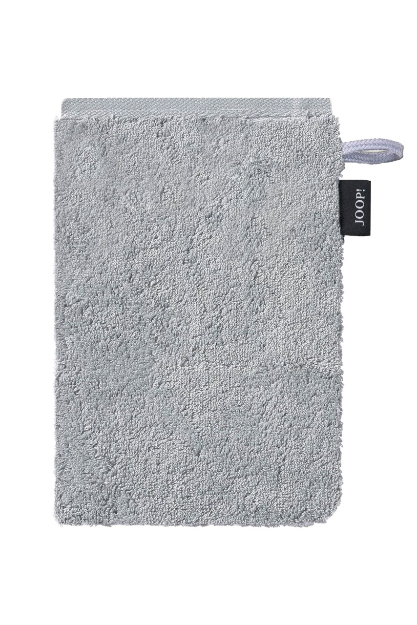 JOOP! Waschhandschuh DOUBLEFACE CLASSIC Grauer Waschhandschuh aus Frottee mit Aufhänger und Markenetikett, Vorderansicht