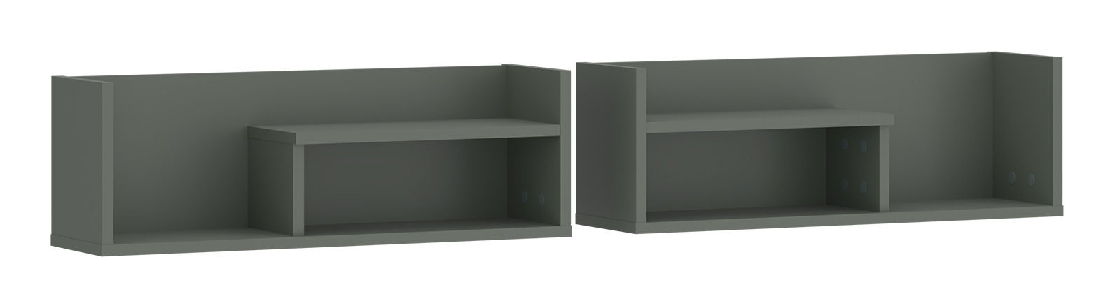 Zwei graue Wandboards im Set, frontal abgebildet, mit jeweils einem kleineren Regalbrett in der Mitte.