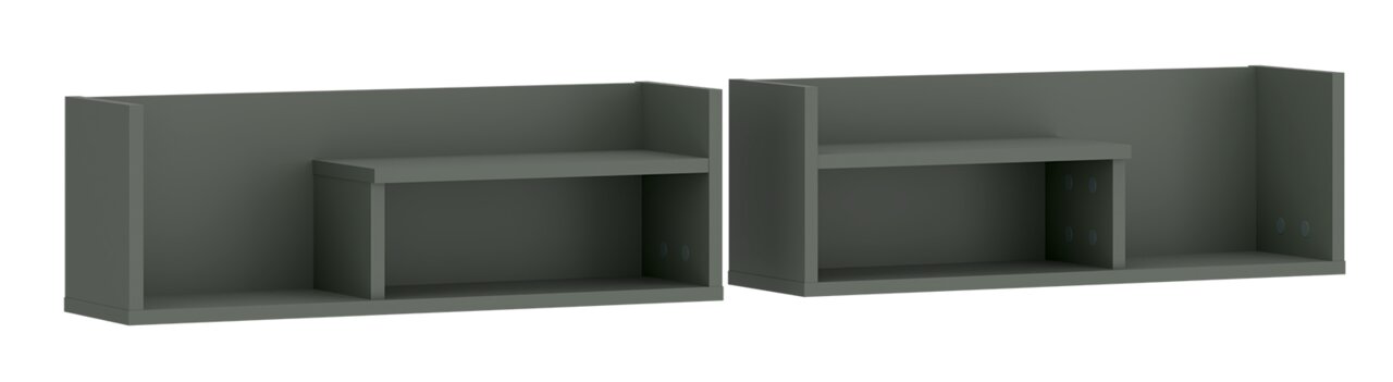 Zwei graue Wandboards im Set, frontal abgebildet, mit jeweils einem kleineren Regalbrett in der Mitte.