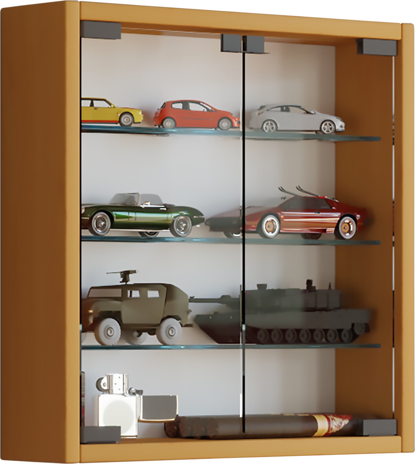 Holz-Vitrine mit zwei Glastüren und Glasböden, gefüllt mit Modellautos und -fahrzeugen; frontale Ansicht leicht von links.