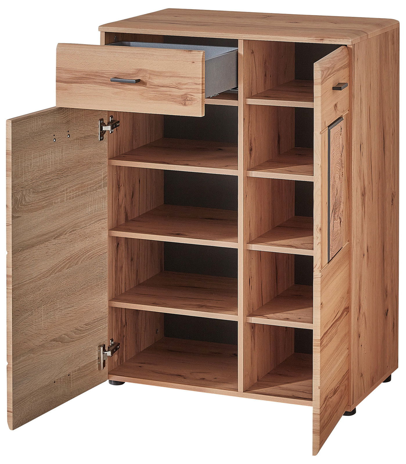 Schuhschrank aus Holz mit mehreren offenen Fächern, einer Schublade und einer Tür, Perspektive von vorne