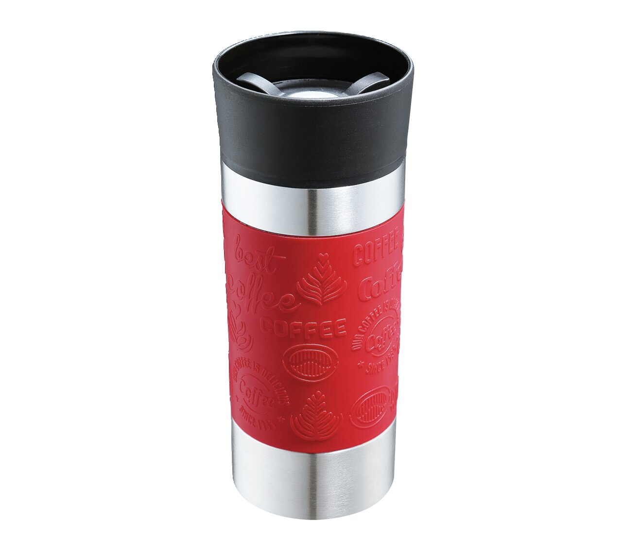 Roter Trinkbecher Viaggio 360ml mit schwarzem Deckel, seitliche Ansicht