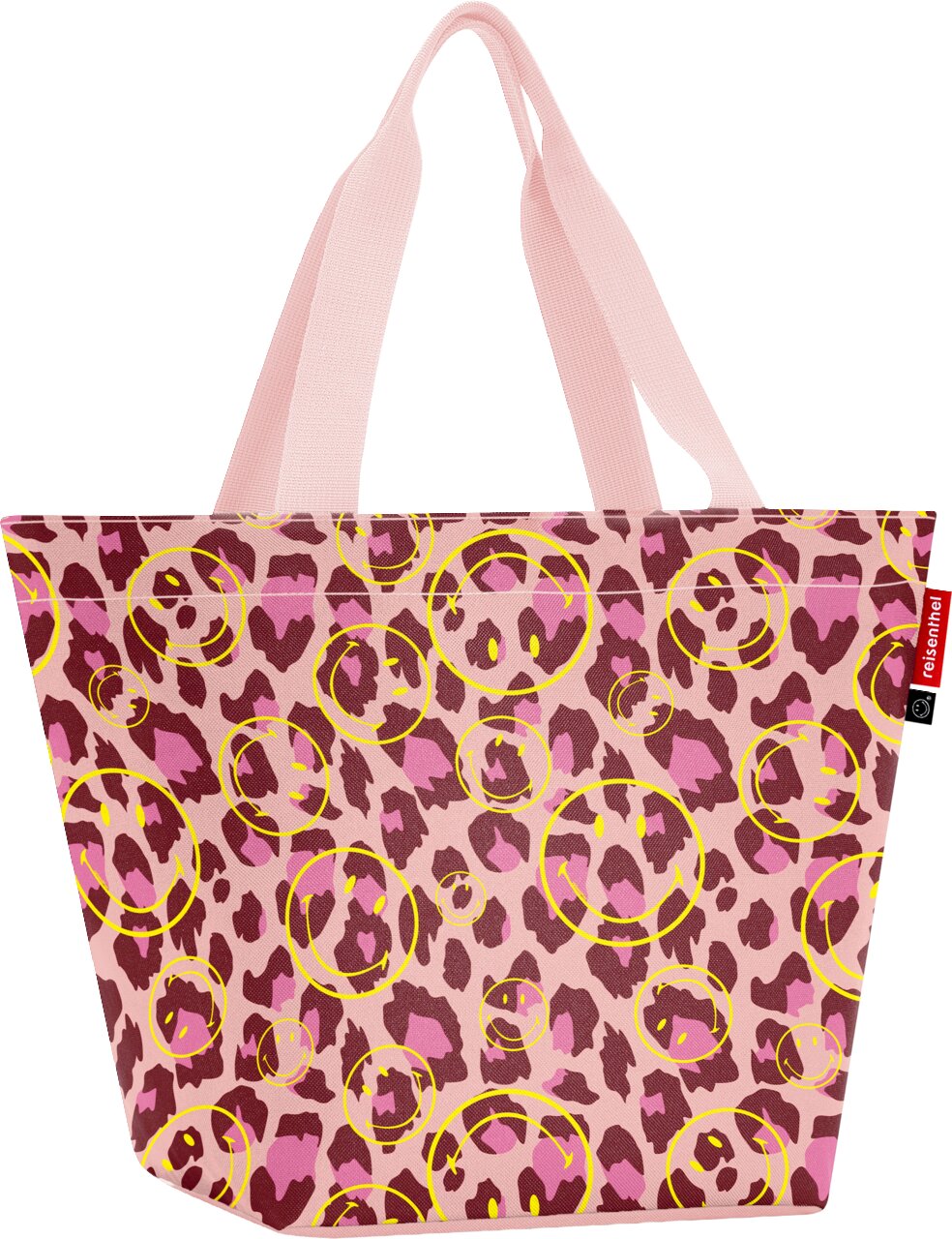 Große Shopper-/Tragetasche mit langen rosa Henkeln, rosa Leopardenmuster und gelben Smiley-Kreisen, frontal von vorn auf weißem Hintergrund