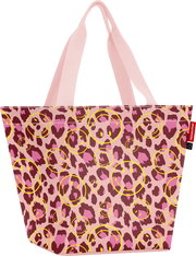 Große Shopper-/Tragetasche mit langen rosa Henkeln, rosa Leopardenmuster und gelben Smiley-Kreisen, frontal von vorn auf weißem Hintergrund
