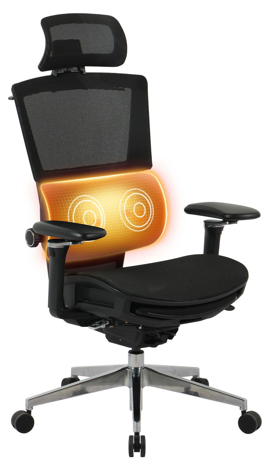 Ergonomischer Chefsessel mit Netzrückenlehne, verstellbaren Armlehnen und Lendenwirbelstütze, seitliche Perspektive