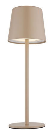 Moderne Tischleuchte in Beige, frontal abgebildet mit schlichtem Design und rundem Lampenschirm.