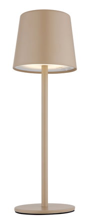 Moderne Tischleuchte in Beige, frontal abgebildet mit schlichtem Design und rundem Lampenschirm.