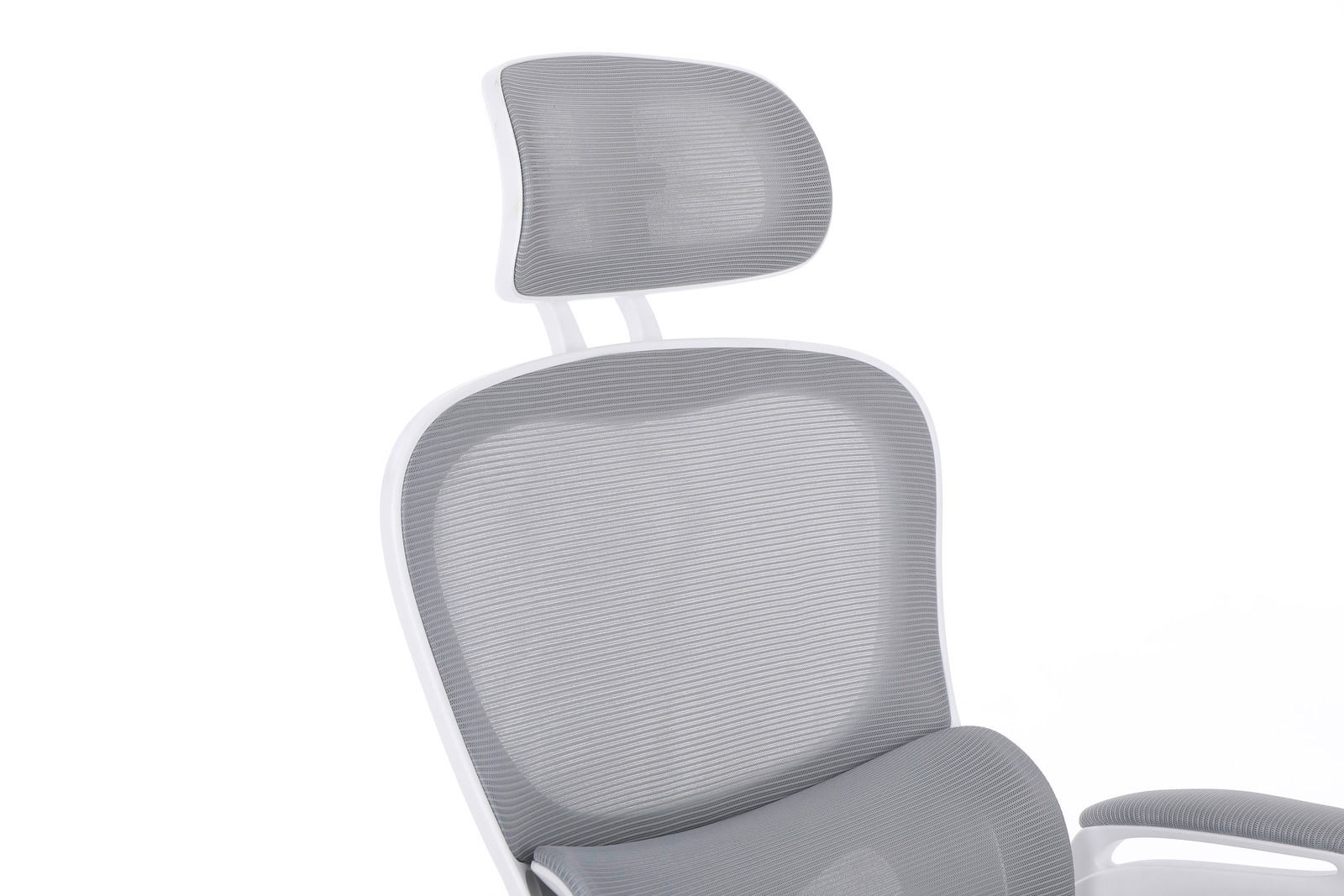 Grauer Drehstuhl mit Kopfstütze, seitliche Perspektive