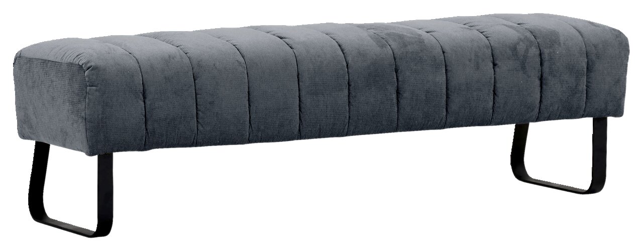 Graue 2er-Sitzbank mit gestepptem Stoffbezug und schwarzen Metallbeinen, seitliche Perspektive