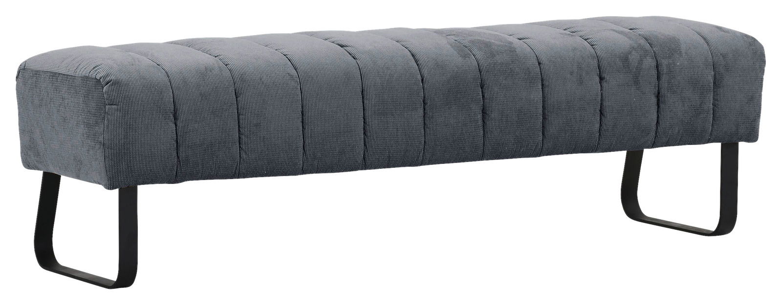 Graue 2er-Sitzbank mit gestepptem Stoffbezug und schwarzen Metallbeinen, seitliche Perspektive