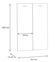 Zwei weiße Türen mit Griffen, Abmessungen 108,5 cm hoch, 79,1 cm breit und 1,5 cm tief, Vorderansicht.
