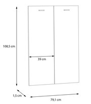 Zwei weiße Türen mit Griffen, Abmessungen 108,5 cm hoch, 79,1 cm breit und 1,5 cm tief, Vorderansicht.