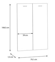Zwei weiße Türen mit Griffen, Abmessungen 108,5 cm hoch, 79,1 cm breit und 1,5 cm tief, Vorderansicht.