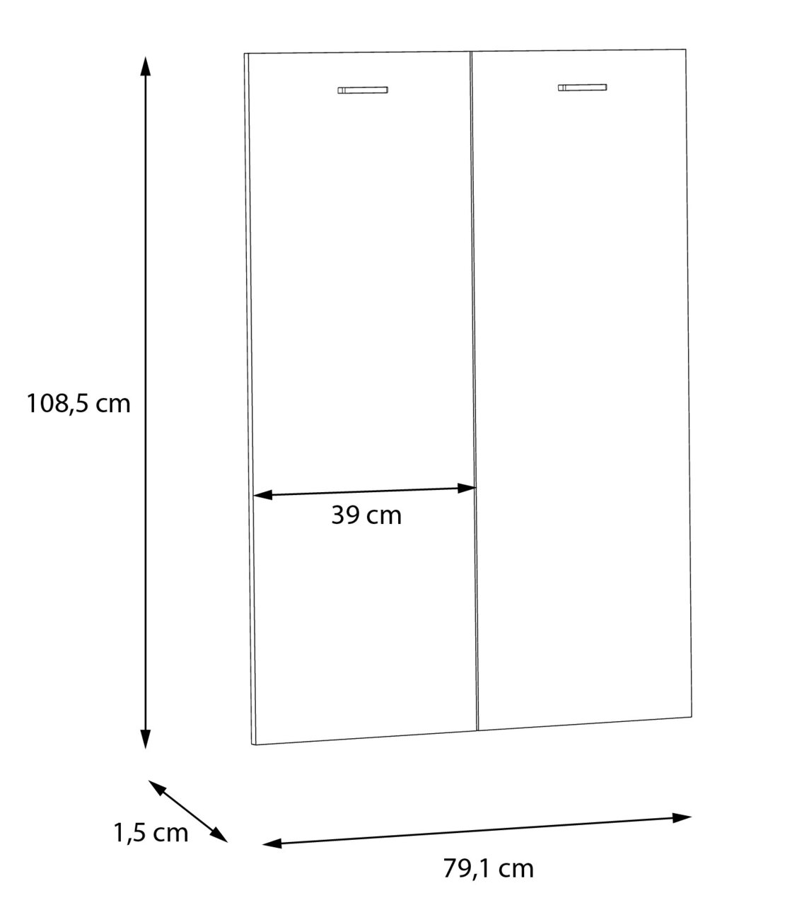 Twee witte deuren met handgrepen, afmetingen: 108,5 cm hoog, 79,1 cm breed en 1,5 cm diep, vooraanzicht.