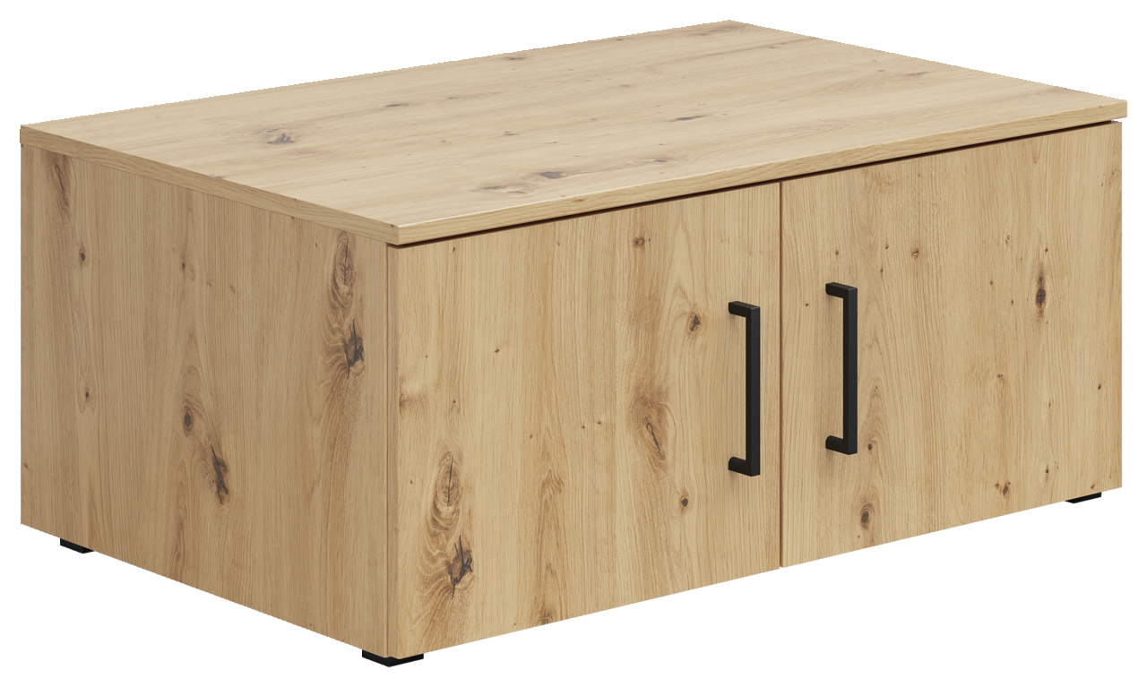 Carryhome Aufsatzschrank MULTISTAURAUM Holzfarbener Aufsatzschrank mit zwei Türen und schwarzen Griffen, Perspektive von vorne links