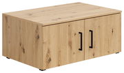 Holzfarbener Aufsatzschrank mit zwei Türen und schwarzen Griffen, Perspektive von vorne links