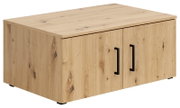 Holzfarbener Aufsatzschrank mit zwei Türen und schwarzen Griffen, Perspektive von vorne links