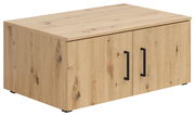 Holzfarbener Aufsatzschrank mit zwei Türen und schwarzen Griffen, Perspektive von vorne links