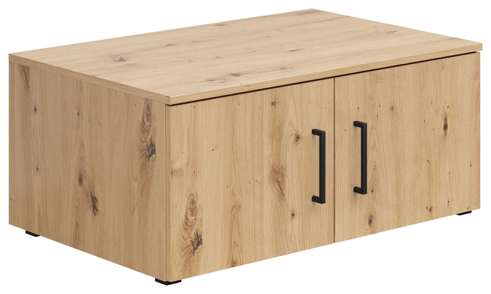 Holzfarbener Aufsatzschrank mit zwei Türen und schwarzen Griffen, Perspektive von vorne links