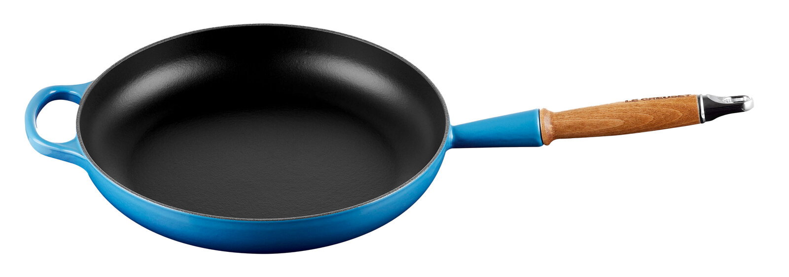 LE CREUSET Bratpfanne Signature 28 cm AZURE Blaue Bratpfanne mit Holzgriff, seitliche Perspektive