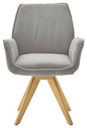 Grauer Armlehnstuhl mit Holzbeinen, Vorderansicht