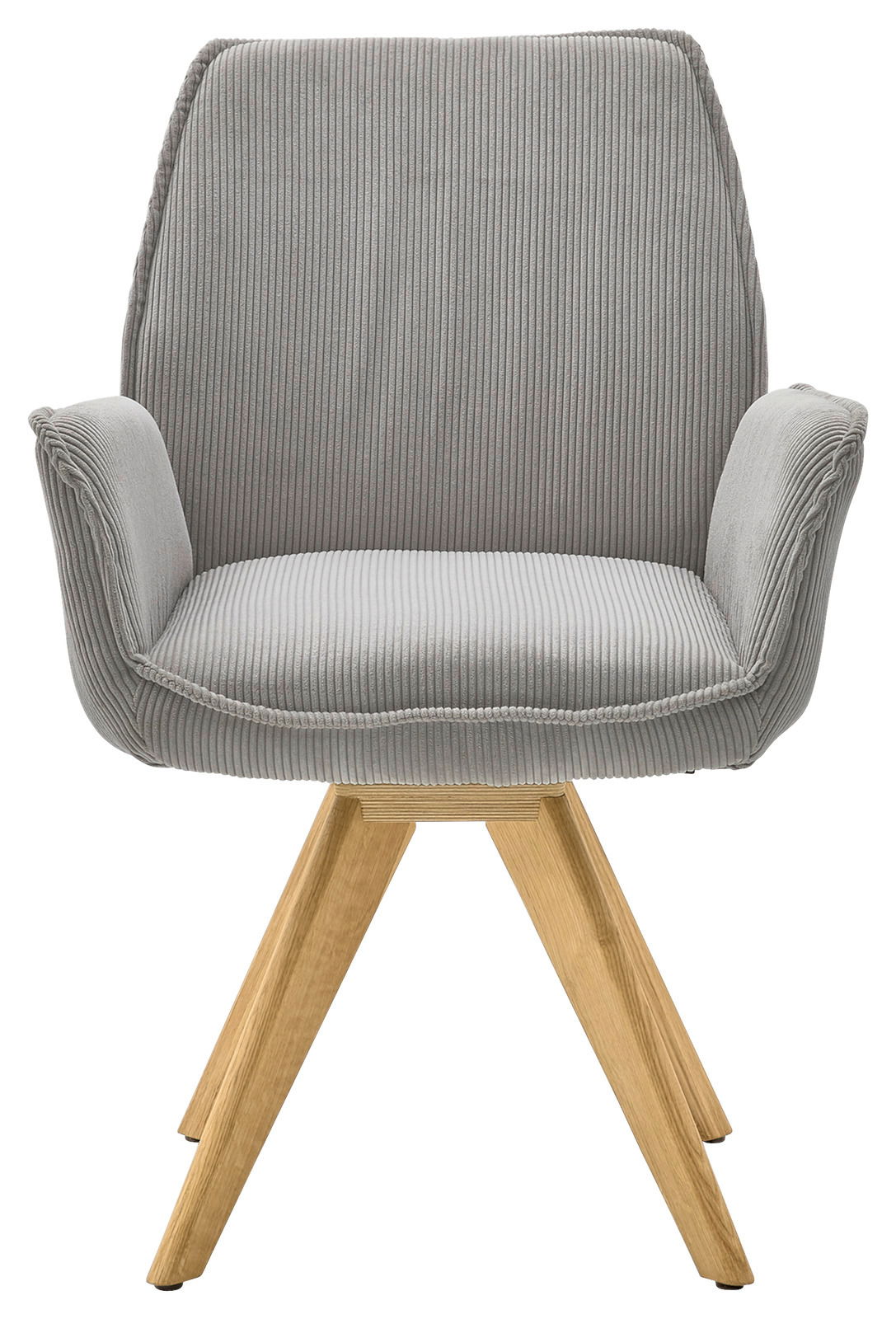 Grauer Armlehnstuhl mit Holzbeinen, Vorderansicht