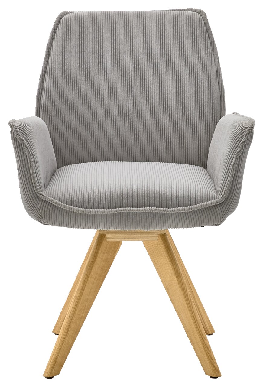 Grauer Armlehnstuhl mit Holzbeinen, Vorderansicht