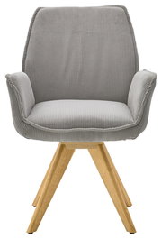 Grauer Armlehnstuhl mit Holzbeinen, Vorderansicht