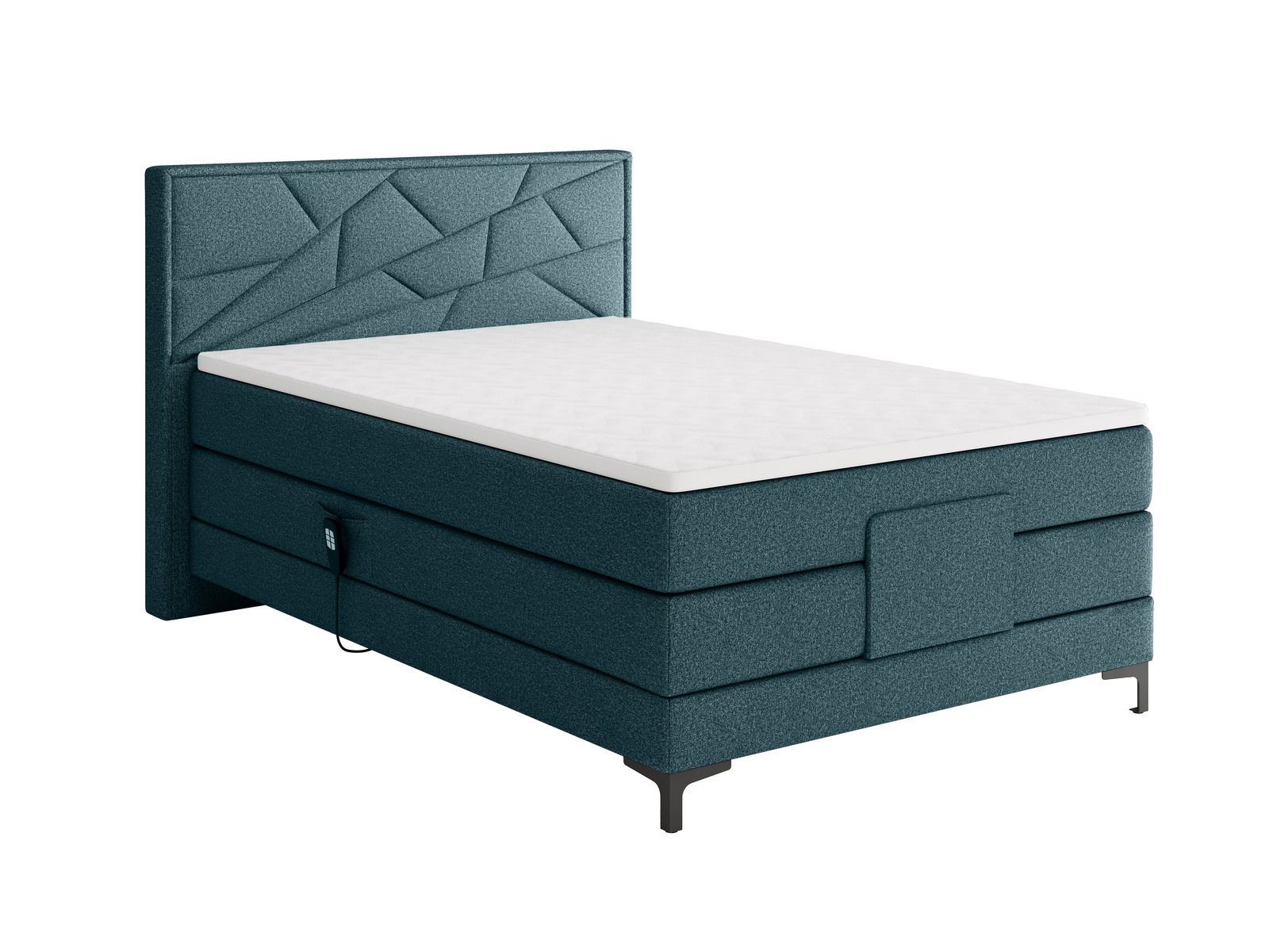Boxspringbett in seitlicher Perspektive mit modernem, geometrisch gemustertem Kopfteil und dunkelgrünem Stoffbezug.