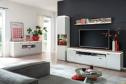Moderne Wohnzimmer-Wandkombination mit TV, Regalen und Dekorationen, seitliche Perspektive