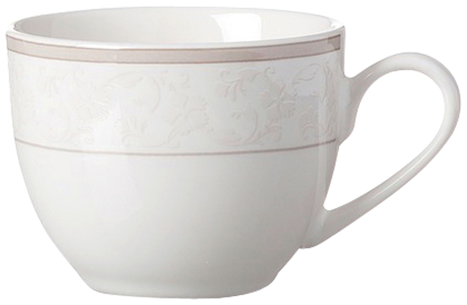 Weiße Espressotasse Isabella 90ml mit elegantem Reliefmuster, seitliche Perspektive