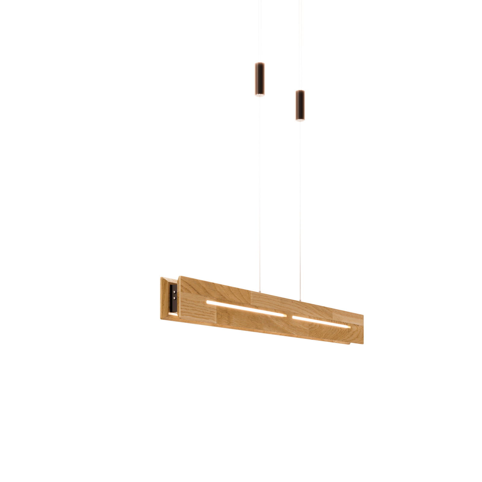 Moderne LED-Pendelleuchte aus Holz, seitliche Perspektive