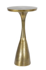 Goldener Beistelltisch mit runder Tischplatte und konisch zulaufendem Fuß, seitliche Perspektive