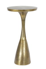 Goldener Beistelltisch mit runder Tischplatte und konisch zulaufendem Fuß, seitliche Perspektive