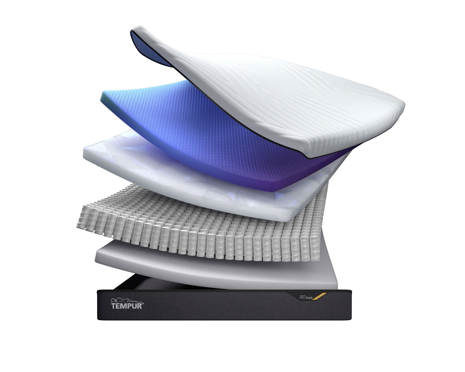 Tempur TFK-Matratze PRO PLUS COOLQUILT Explosionsdarstellung einer mehrschichtigen Matratze mit verschiedenen Schichten aus Schaumstoff und Federn, seitliche Perspektive.