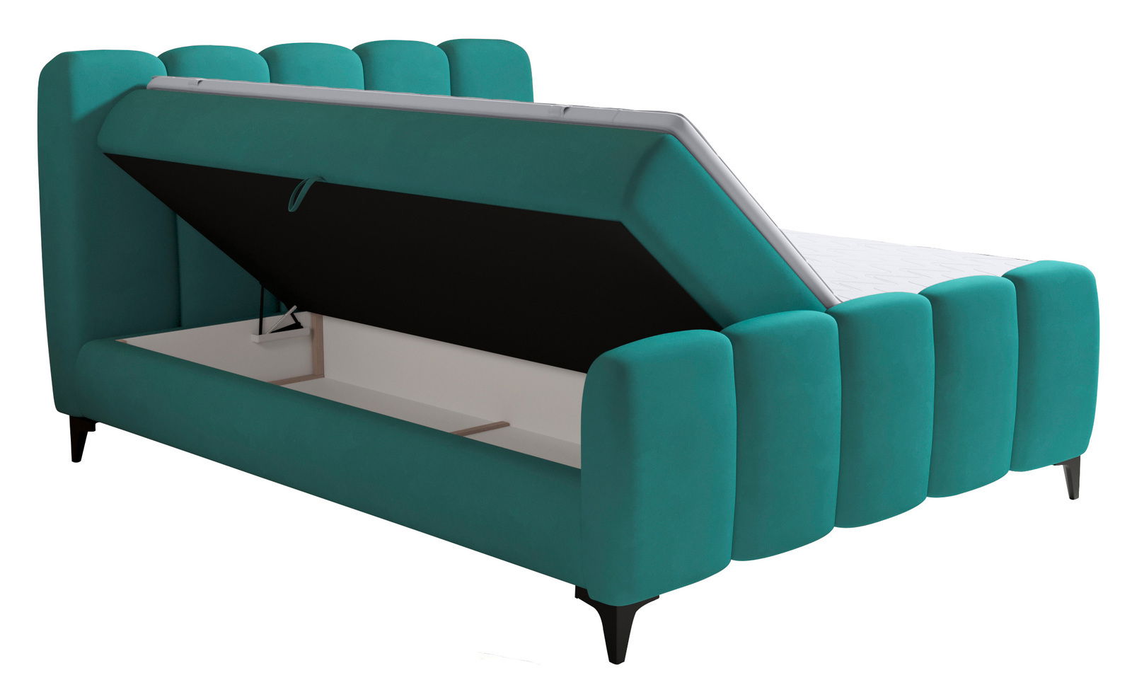 Boxbett mit aufklappbarem Stauraum in türkis, seitliche Perspektive