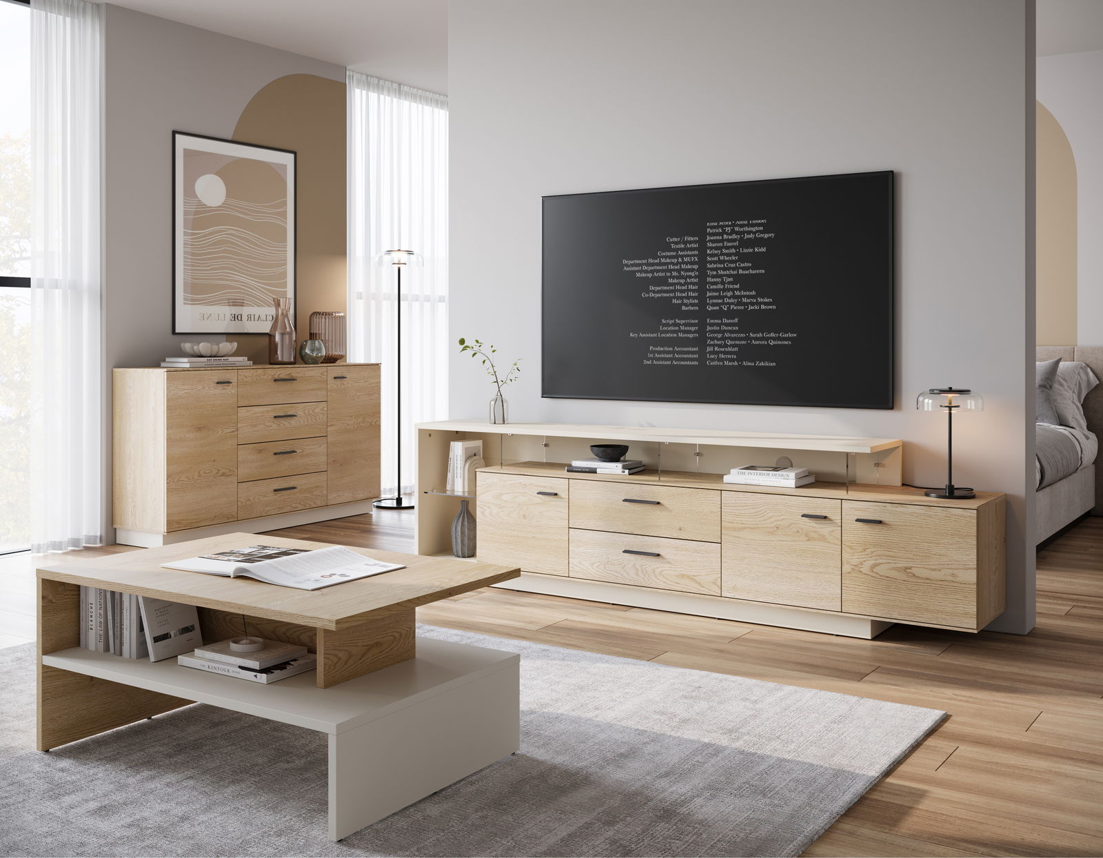 Modernes Wohnzimmer mit einem eleganten Sideboard aus hellem Holz, frontal betrachtet. Das Sideboard hat mehrere Schubladen und Türen, ideal für stilvolle Aufbewahrung.