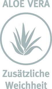 Logo mit Aloe Vera Pflanze und Text 'Zusätzliche Weichheit', frontal betrachtet.