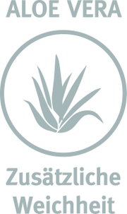 Logo mit Aloe Vera Pflanze und Text 'Zusätzliche Weichheit', frontal betrachtet.