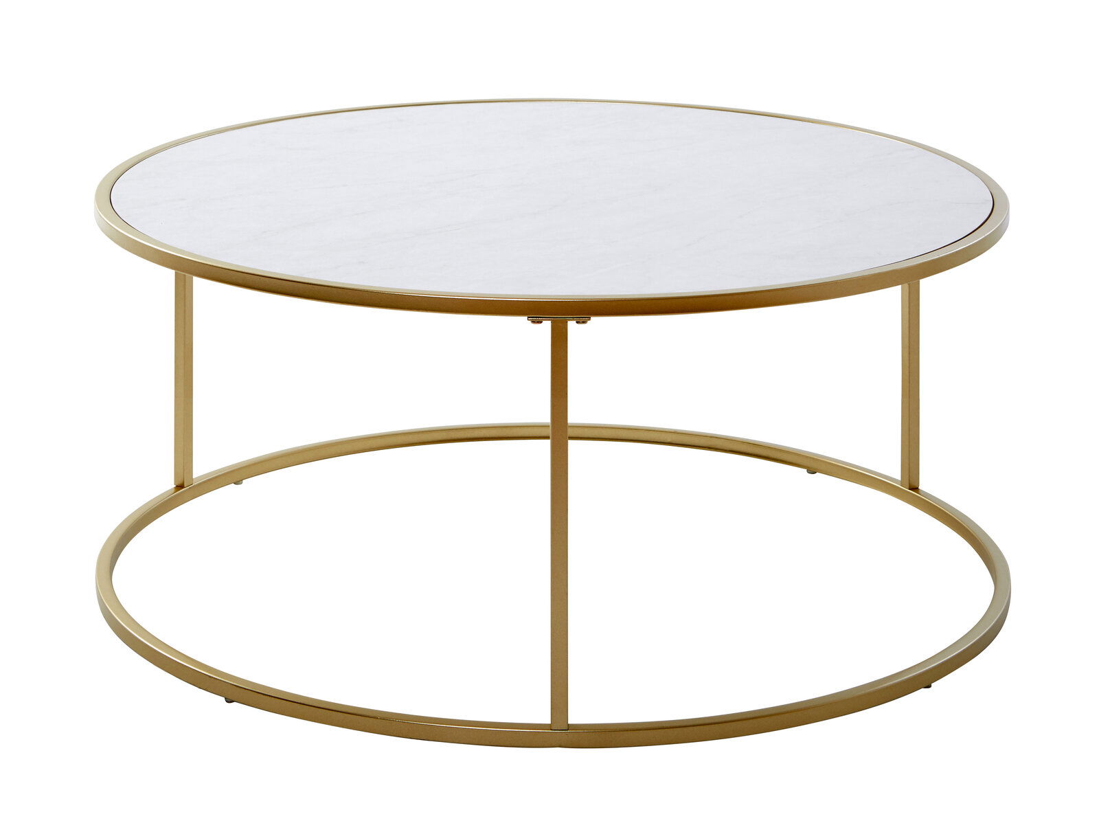 Runder Couchtisch mit weißer Marmorplatte und goldfarbenem Metallgestell, seitliche Perspektive
