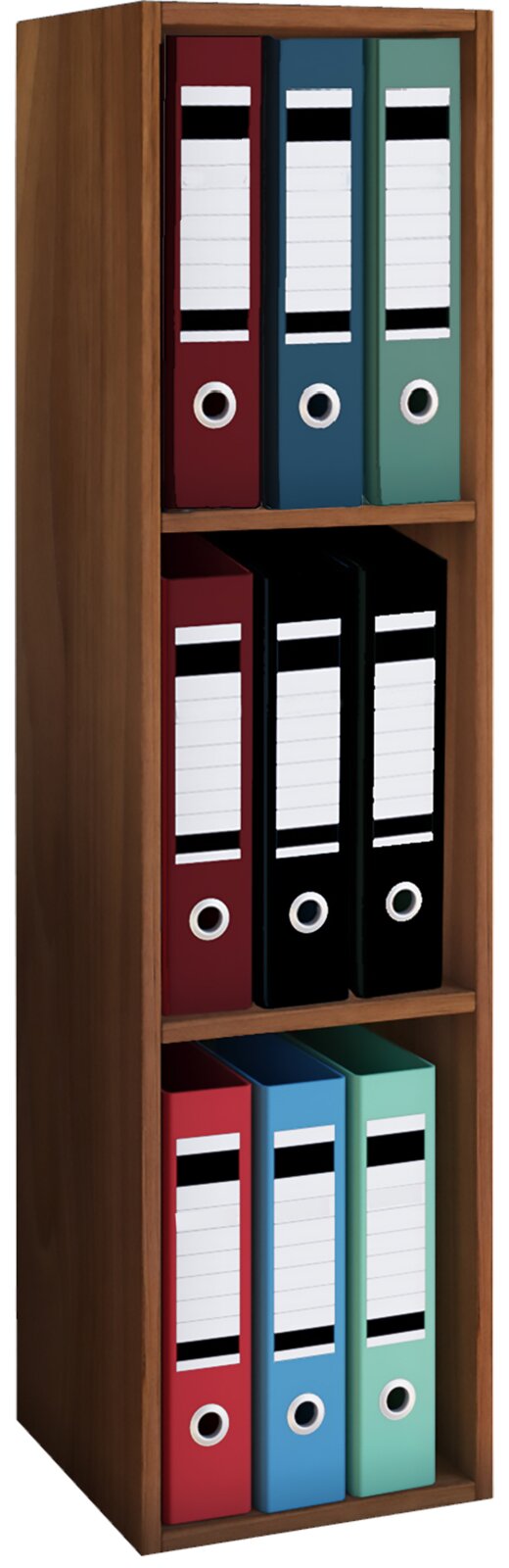 Schmales Holz-Bücherregal mit drei Fächern, gefüllt mit bunten Aktenordnern, in frontaler Ansicht.