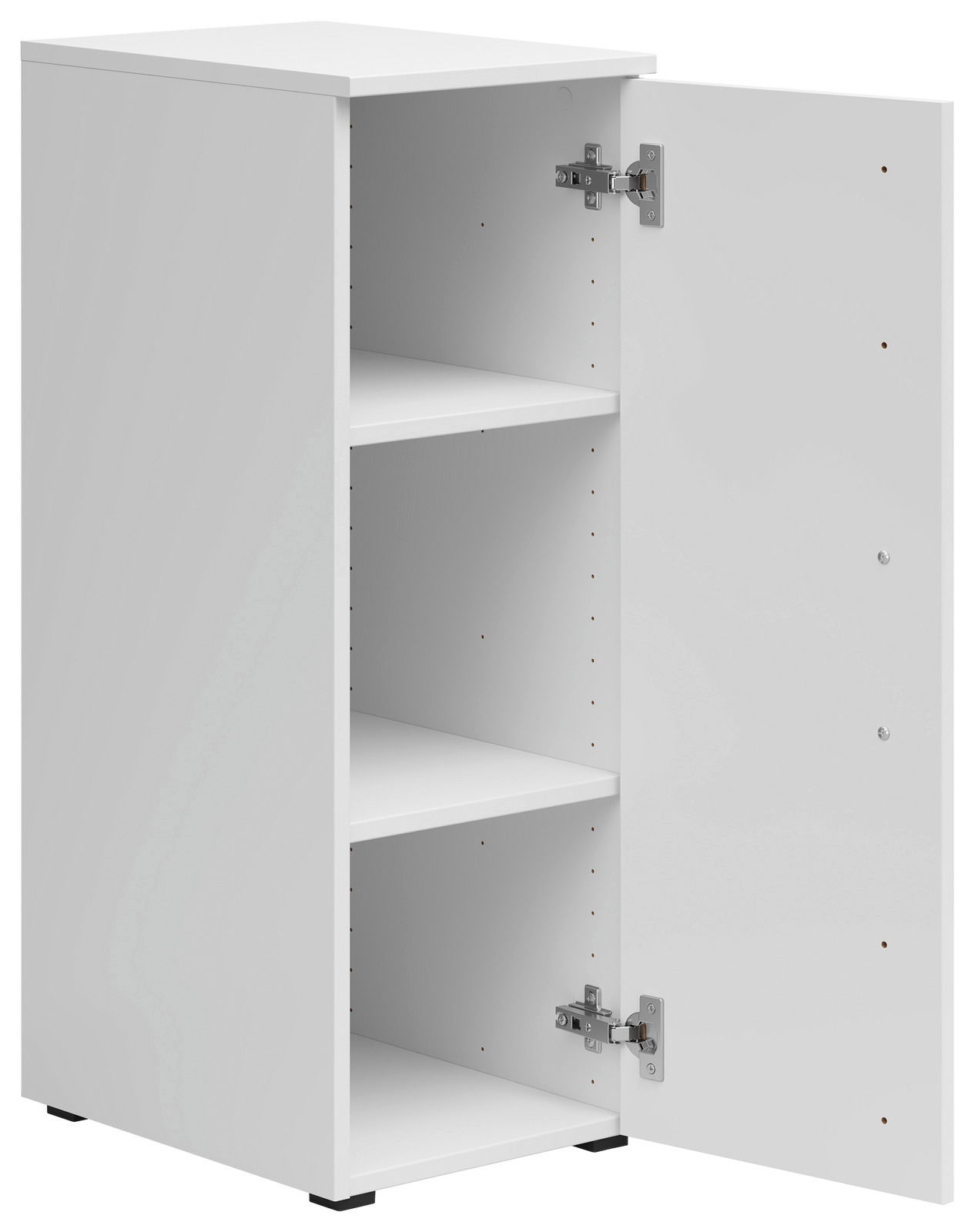 Weißer Mehrzweckschrank mit geöffneter Tür, zwei Einlegeböden und seitlicher Perspektive